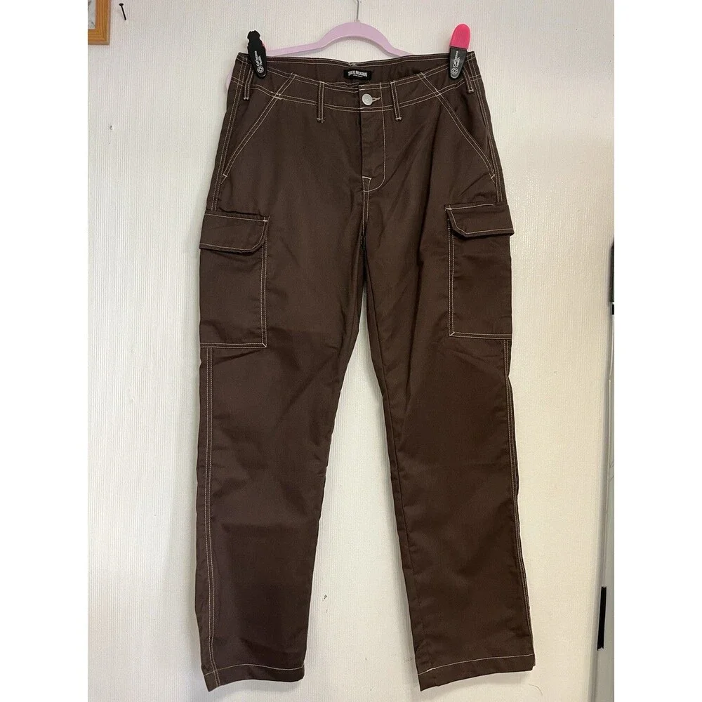 True Religion mens Brown Canvas Cargo Pants Straight Leg Button Zip Pockets